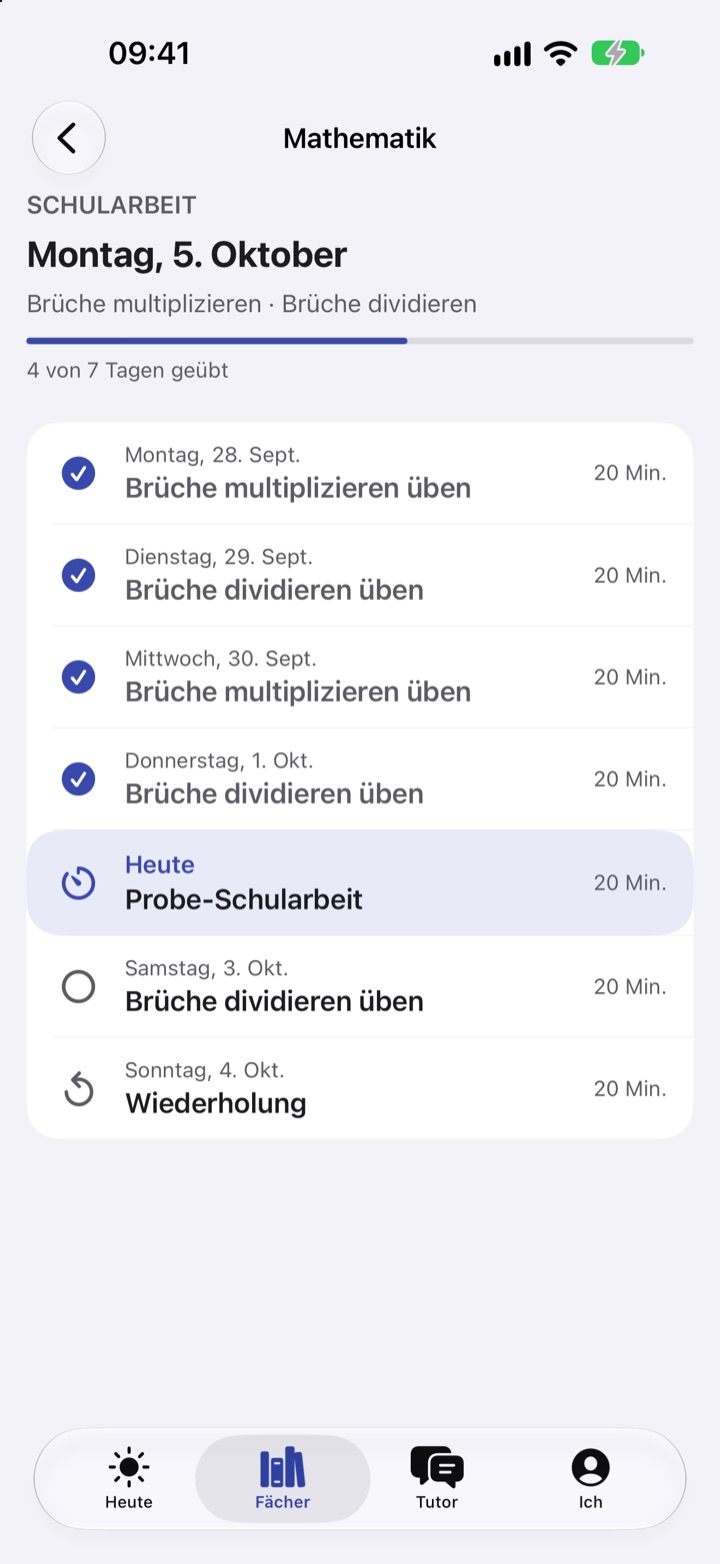 Lernplan für die Mathematik-Schularbeit am Montag mit erledigten und kommenden Schritten
