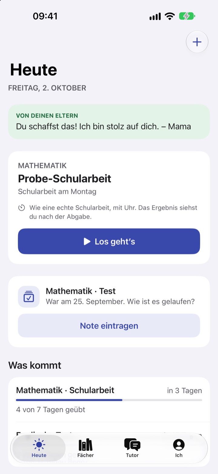 Heute-Ansicht mit genau einem nächsten Schritt: Probe-Schularbeit in Mathematik