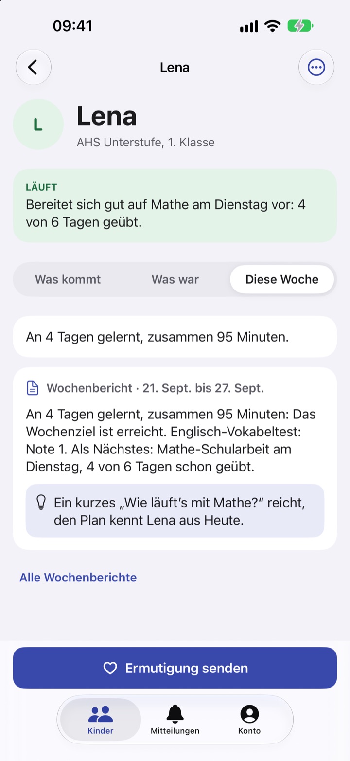 Seite eines Kindes für Eltern: Läuft, bereitet sich gut auf Mathe vor, Wochenbericht mit Vorschlag