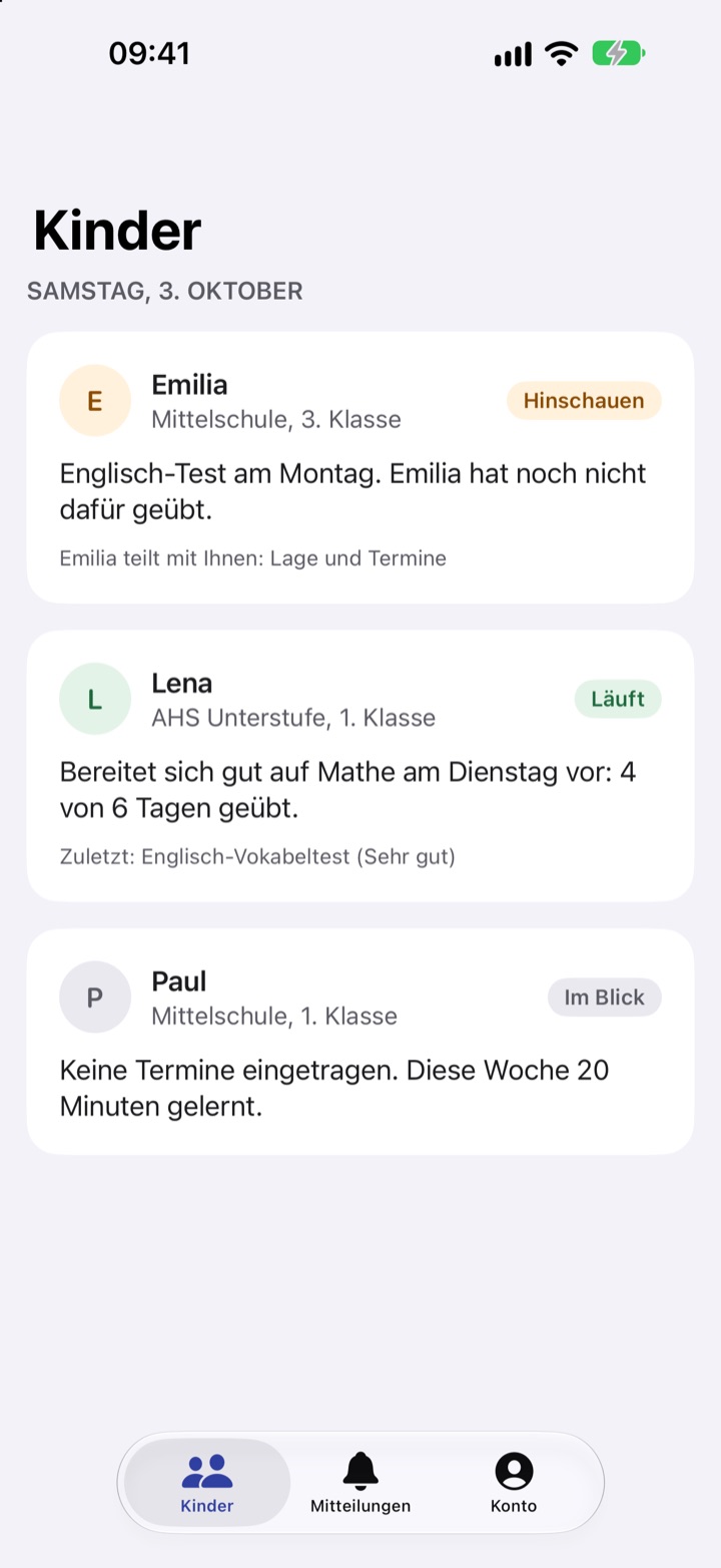 Kinder-Ansicht der Eltern: Emilia Hinschauen, Lena Läuft, Paul Im Blick, je mit einem Satz zur Lage